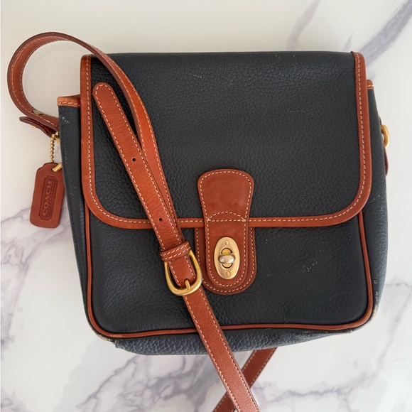 Vintage COACH Wrinkled Leather Crossbody Bag, Navy / Brown - Picture 1 of 16